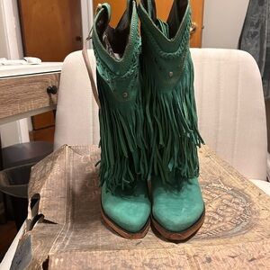 LIBERTY Black Western Green Fringe Ankle Boots